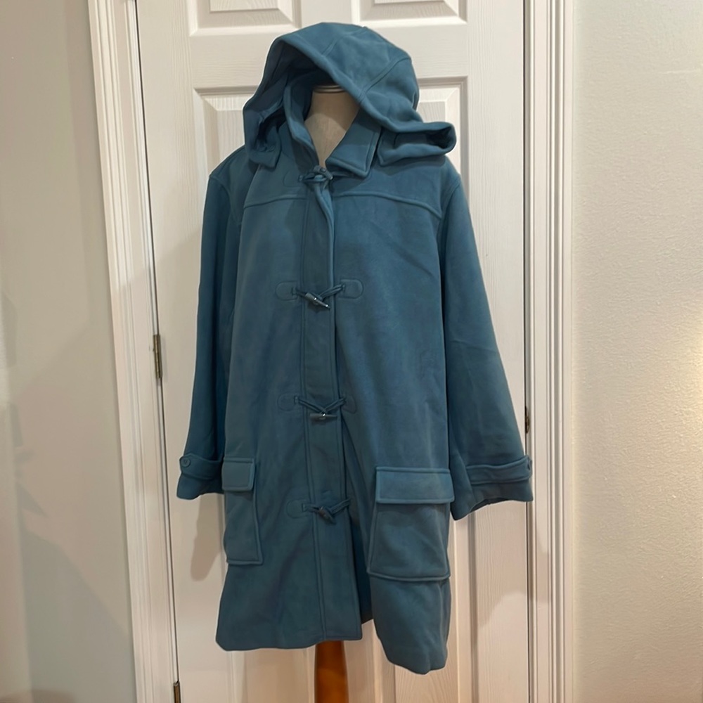 Denim & Co. Coat fleece teal green hood lined zipper pockets Brand New